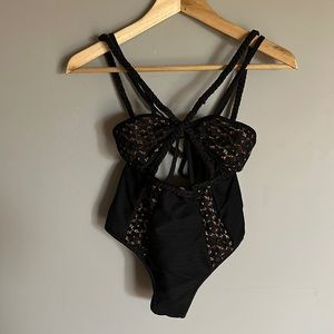 For Love and Lemons Swim one piece cutout black with nude lace xsmall XS